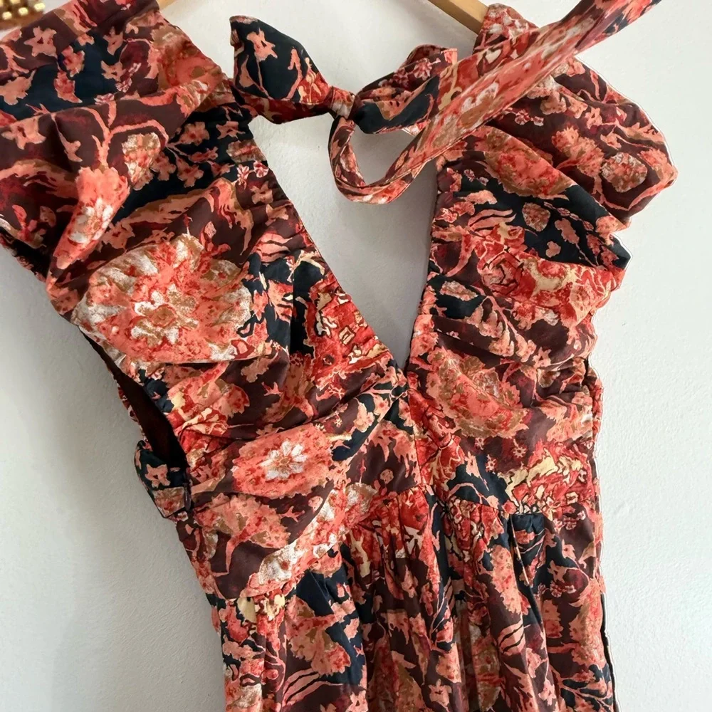 NEW Anthropologie Tie-Back Floral Midi Dress Red Motif Women’s Size 4